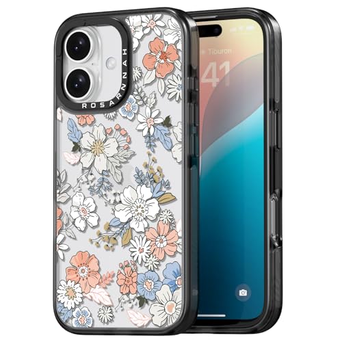 Coque iPhone 16 durable de haute qualité noire à imprimé fleurs de 6,1"