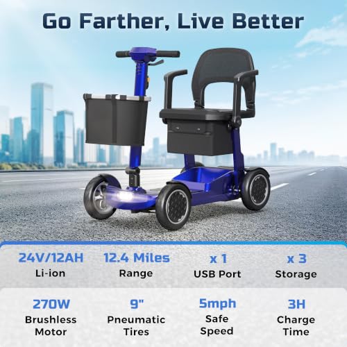 Image of Lightweight Mobility Scooter for Seniors & Adults - Airline & Cruise Approved, 45lb Portable Motorized Scooters with Removable Battery for 12.4 Miles Range, Pneumatic Tires, 330lb Capacity, Blue