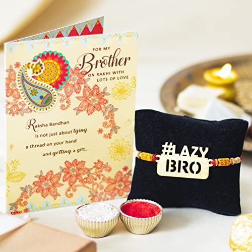 Image of ARCHIES Rakhi for Brother Rakshabandhan Combo of 1 Lazy Bro Rakhi with 1 Roli & Chawal Set-10gm & Greeting Card (Pack of 3) for Bhaiya|Bro|Bhai