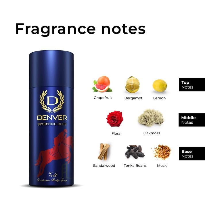Image of DENVER Sporting Club Volt - 165ML Each (Pack of 2) | Long Lasting Deo Spray from Men