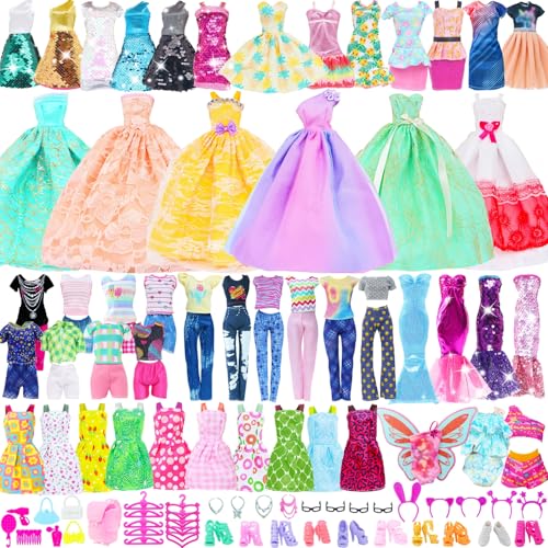 QBPKQY 61pcs Doll Clothes and Accessories, 3 Wedding Gowns 10 Fashion Dresses 1 Evening Dress 3 Daily Outfits Top Pants 1 Swimsuit 10 Shoes 10 Hangers 23 Accessories for 11.5 Inch Girl Dolls (NO DOLL)