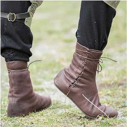 Baitang PU Leder - Renaissance Mittelalter Cosplay Stiefel Schnürstiefel Motorrad Stiefel Kampf Vintage Distressed Pu Leder Mode für Frauen und Männer Cosplay,Braun,42
