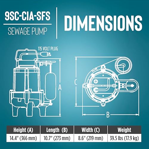 Image of Little Giant 9SC-CIA-SFS 115 Volt, 4 /10 HP, 6000 GPH Epoxy-Coated Cast Iron Submersible Sewage Pump with Integral Snap-Action Float Switch, 20-Ft. Cord, Blue, 509411