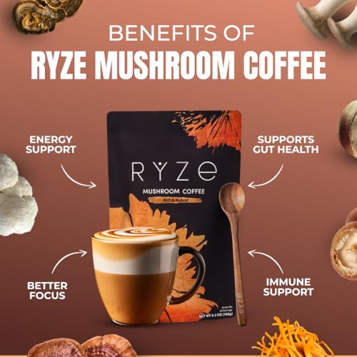 Image of RYZE SUPERFOODS Mushroom Coffee Dark Roast, 6 Adaptogenic Mushrooms & Prebiotic Blend, Instant Coffee Supports Energy, Focus, Digestion & Immunity, Lions Mane & Turkey Tail, 30 Servings