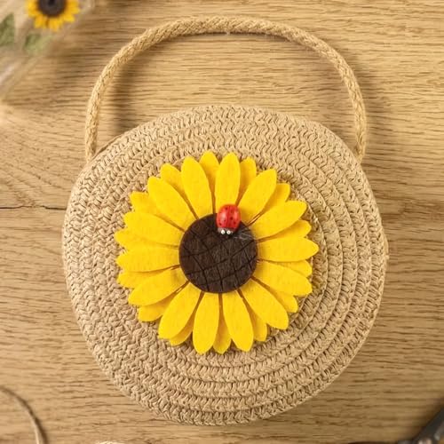 Image of Oblivion Cute Mini Round Sunflower Crossbody Purse - Lightweight Straw Style Sling Bag for Women & Girls - Small 12x12cm Travel Shoulder Bag for Shopping, Casual Outings & Summer Daily Use - 1 Pc