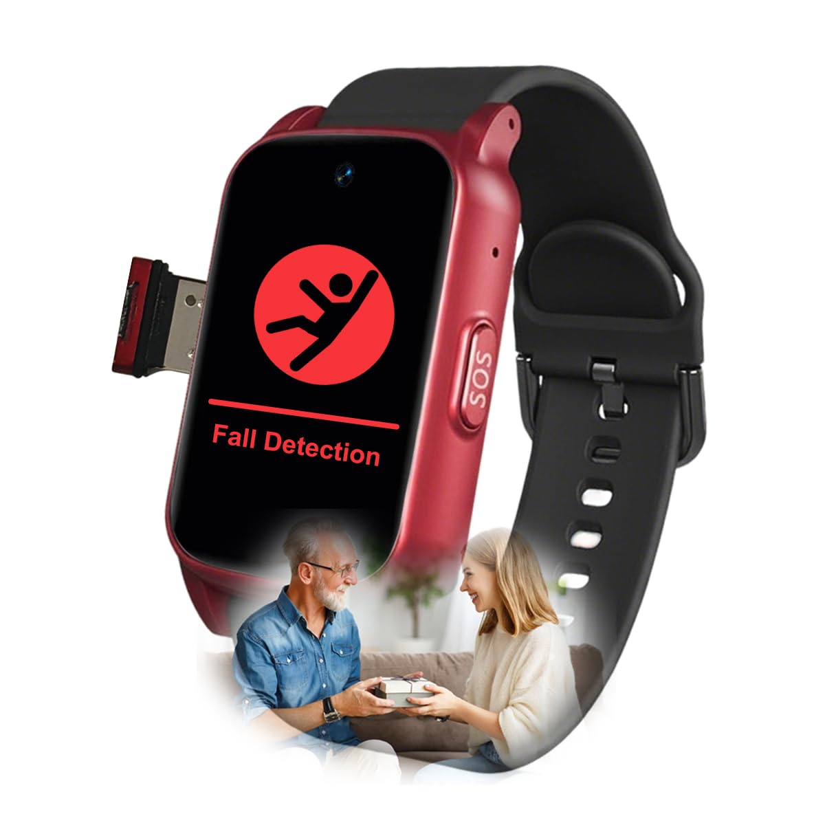 Reloj Personas Mayores, Detección De Caídas Y Botón De Emergencia SOS, Videollamadas, Reloj Inteligente para Demencia/AlzheimerRed,1.25 * 0.57 * 2.22inch