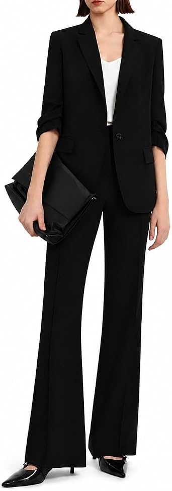 PHISOCKAT Womens 2 Piece Suits Business Casual Outfits Long Sleeve Solid Blazer with Pants Professional Office Work Sets Navy Blue