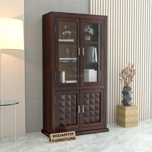 Image of Solid Sheesham Wood Book Shelf with Acrylic Glass Doors and Storage Cabinet | Rosewood Display Unit with 4 Doors for Living Room (Walnut Finish)
