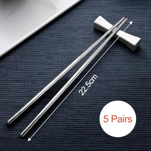 5 Paia Bacchette Cinesi Set, Bacchette 304 Acciaio Inox in Metallo, Chopsticks Sushi Giapponesi Riutilizzabili, Lavabili in Lavastoviglie, per Ristoranti e Famiglie - immagine 3