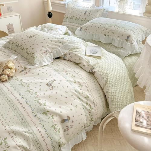 Image of LifeTB Botanical Floral Comforter Set Full Size Cute Flower Leaves Rabbit Pattern Comforter Reversible Green Plaid Comforter Girls Princess Bedding Set Lace Ruffle Comforter Set for Kids Teen Girls
