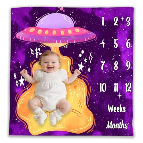 Image of UFO Baby Monthly Milestone Blanket, 48x48in Soft Flannel, Alien Round Spaceship, Newborn Mom Gifts, Baby Shower Age Growth Tracker with Bonus Maker (Purple Pink, 48x48in)