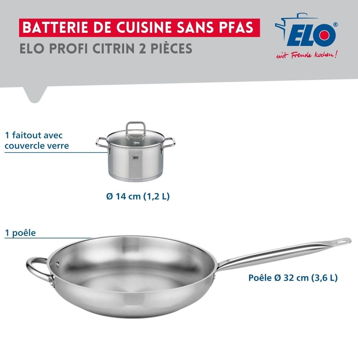ELO 9698550 Kochgeschirr-Set, 2-teilig, 1 Bratpfanne 32 cm und 1 Kochtopf 14 cm Elo Profi, Citrin, Edelstahl, Induktion | Kochen, Anbraten und Schmoren, 2-teilig, Edelstahl, Pfanne 32 cm und Kochtopf 14 cm, Induktion, Backofen und Spülmaschine