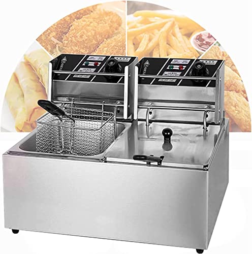 WOTZOV Freidora eléctrica de 2500 W, freidora Profesional con Tapa y Cesta para Aceite, Tubo Calefactor en Forma de U, regulación de Temperatura, para Uso Comercial y domés，6L+6L+2xFried Baskets