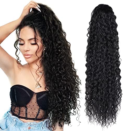 LACE PLUS 32 Inch Long Curly Ponytail Hair Extension Curly Heat Resistant Synthetic Instant Clip Drawstring Ponytail Clip in Ponytail Hair Extensions Curly For Black Women (#1 Black,6.70OZ)