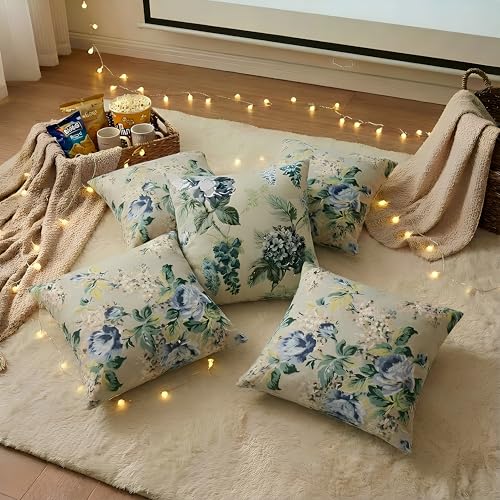 Image of Clasiko Cotton Cushion Covers 16x16 - Set of 5 Decorative Cushion Covers, Garden Frost, Soft Cotton, Hidden Zip, Sofa & Bedroom Decor