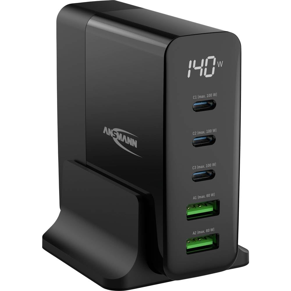 ANSMANN Cargador USB de 5 puertos con hasta 140 W/Power Delivery y cargador Quick Charge 3.0 con control de carga inteligente/ideal para smartphone, tableta, ventilador de mesa, dispositivos LED, etc.