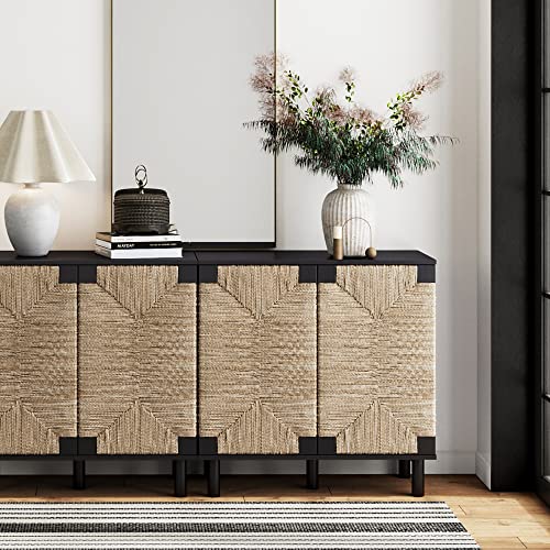 Image of Nathan James Beacon Accent Natural Sideboard Storage Cabinet TV Stand in Wire-Brushed Wood with Adjustable Interior Shelf and Seagrass Doors, for Hallway, Entryway or Dining Room, Black, Set of 2