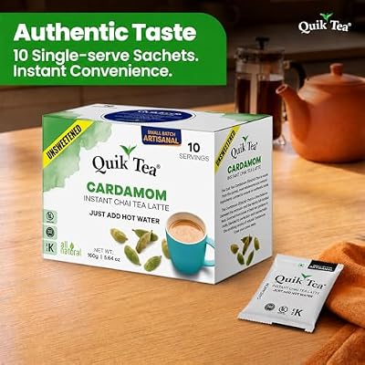 QuikTea Instant Cardamom Chai Tea Latte Unsweetened, 10 Single-Serve Sachets, Artisanal Indian Chai Latte Mix, Just Add Hot Water, Low Caffeine, Non-GMO, Gluten Free