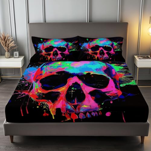 Fitted Sheet Full Size Bedding Set for Kids Girls Women Men Room Decor, Soft Microfiber & Deep Pocket & Wrinkle Free Gothic Graffiti Skull Bedding Sheets, Colorful