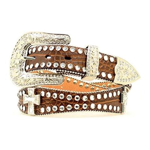 Blazin Roxx Women's Scalloped Rhinestone Cross Croc Print Belt Brown Small Cover