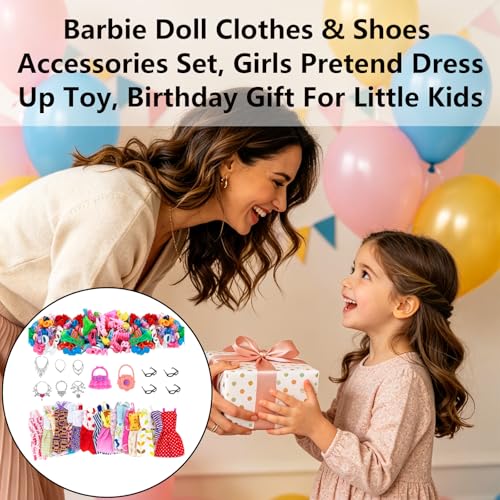 Image of 32 Pieces Doll Dress Up Collection for Creative Play, Barbie Doll Set，Doll Dress，Barbie Doll Set with Fashion Clothes, Includes Dresses and Accessories for Barbie Dolls Wardrobe