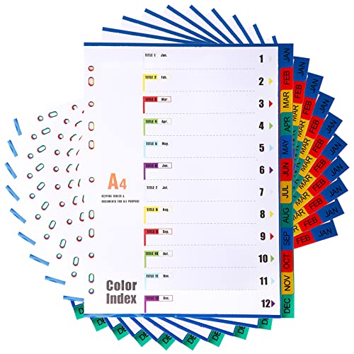 [10 Pack] Index A4 File Dividers 12 Part Jan-Dec, A4 Plastic Subject Dividers Reinforced 11-Hole Multi-Colour Index Month Tabs for Office School Home Use