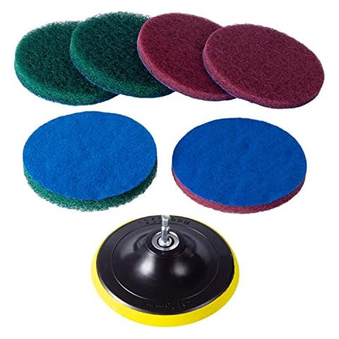 Kichwit 5 Inch Drill Powered Brush Tile Scrubber Scouring Pads, 2 Different Stiffness, 5-Inch Pad Holder with 6 Scrubbing Pads, Cleans Large Flat Areas Perfectly (Drill NOT Included) Cover
