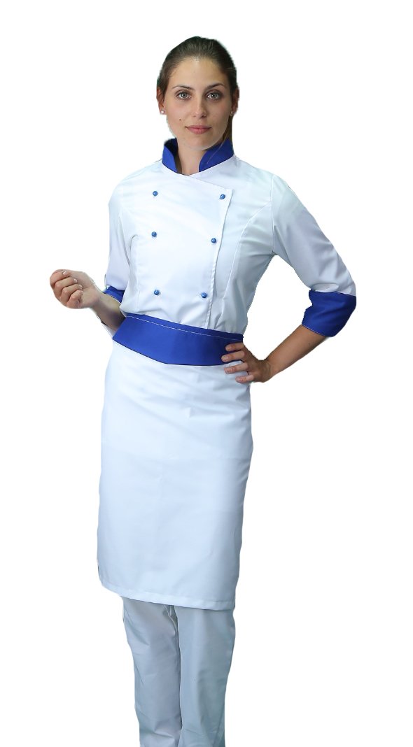 Ricamo Gratuito - Divisa Cuoco Donna - Bianca e Blu - Giacca, Pantalone e Grembiule - Completo per Cucina e Ristorante - Made in Italy