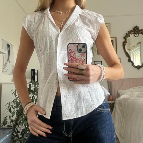 Image of Y2k Girls Vintage Coquette Button Down Shirt Women Short Sleeve V-Neck Slim Fitted T-Shirt Cute Blouse Crop Top