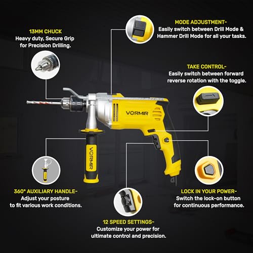 Image of IBELL VORMIR VRID13-30 Impact Drill -13mm Keyless Chuck,1100W Electric Drill, 0-3000 RPM Variable Speed, Forward /Reverse, Hammer & Rotary Function, DIY Home & Professional Power Tool-1 Year Warranty