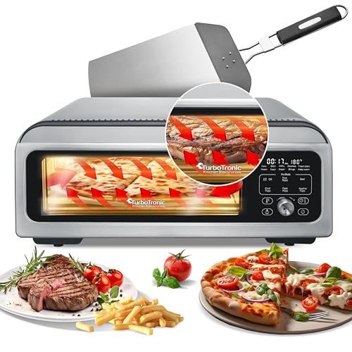 Pizzaofen bis 400°C für 33 cm Pizza – In 3 Min. perfekt gebacken! | Mit Steinplatte & Gusseisen für Pizza, Flammkuchen & Steak | Elektrischer PizzaAirfryer für Zuhause & Garten Pizzamaker XXL Zubehör