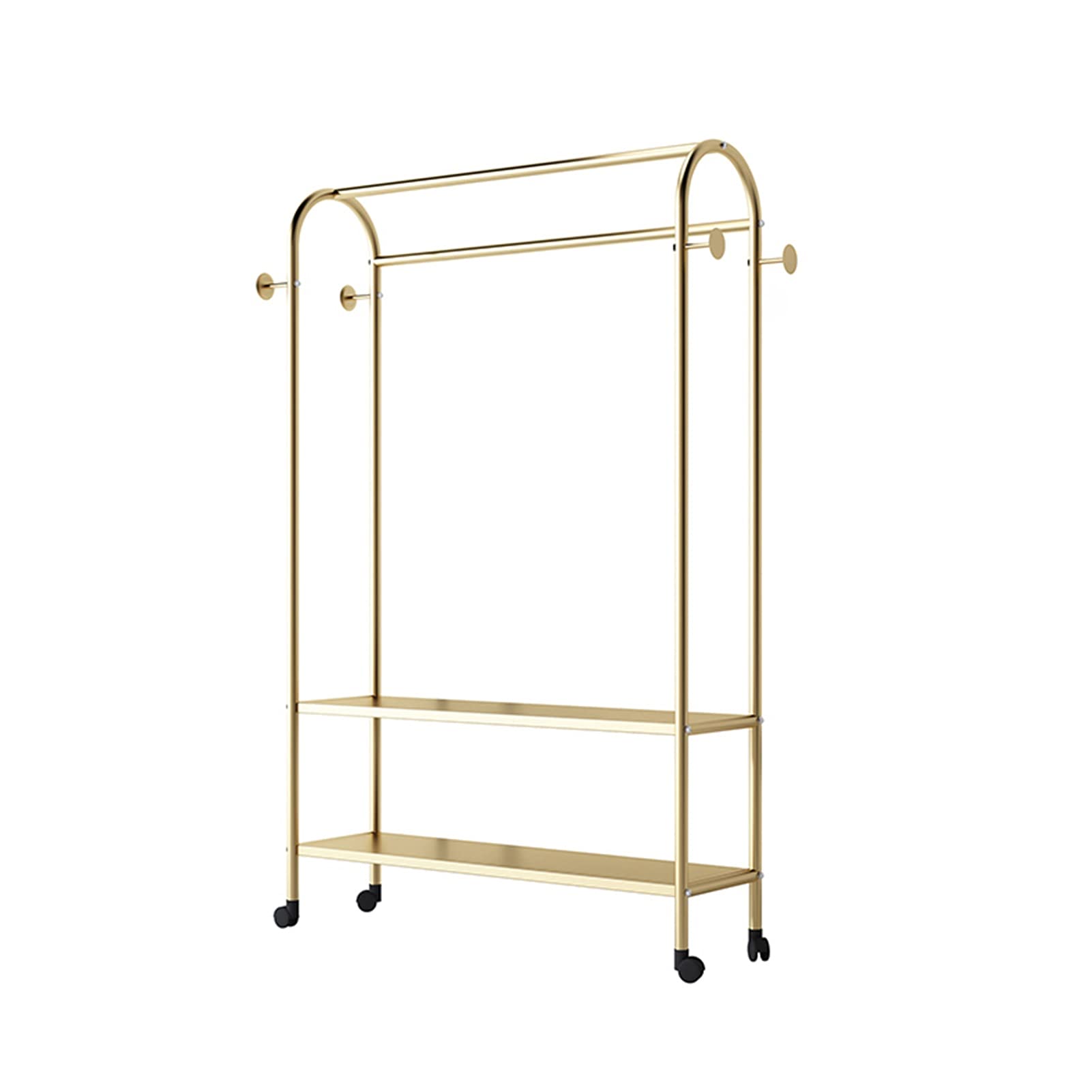 Kleiderständer Robuster Kleiderständer aus Metall mit 2-stöckigen Regalen und 4 seitlichen Haken, rollender Kleiderständer auf Rädern zum Aufhängen von Kleidung, Gold (Size : 60x35x160CM)