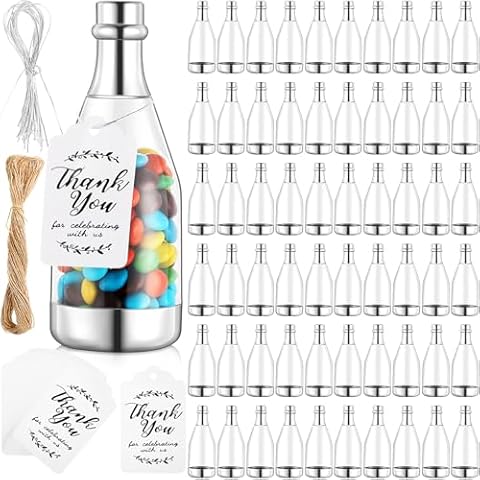 Gerrii 60 Pcs Silver Champagne Bottle Container Set, Candy Bottle Mini Champagne Bottles Plastic DIY Favor Candy Jars with Tags Party Favor Containers for Baby Shower Bridal Wedding Birthday Party Cover