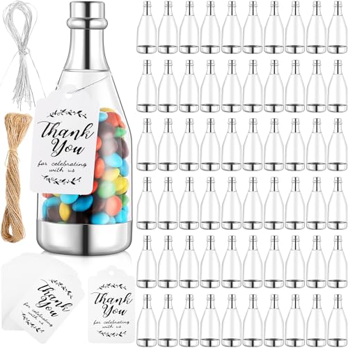 Gerrii 60 Pcs Silver Champagne Bottle Container Set, Mini Champagne Candy Bottles Plastic DIY Favor Candy Jars with Tags Party Favor Containers for Baby Shower Bridal Wedding Birthday Party