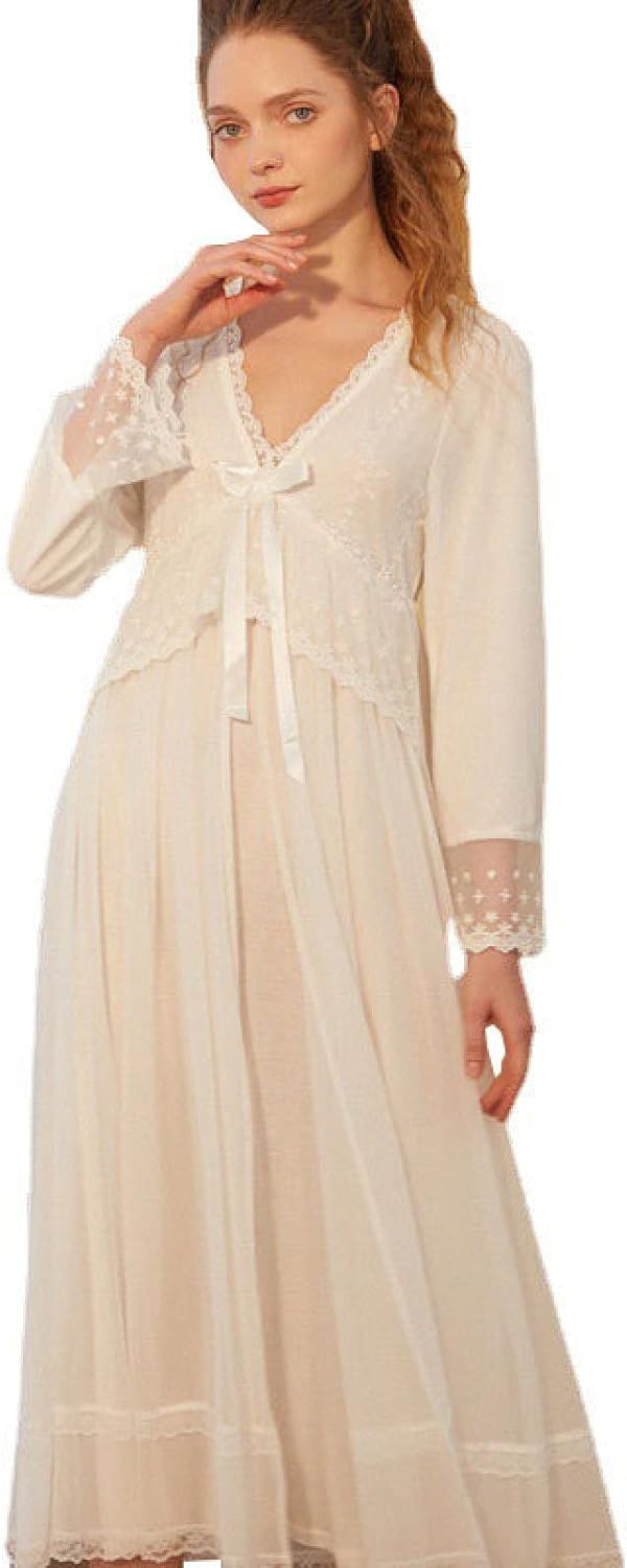 OFFSUM Women's Long Sleeve Nightgown - Bride Mesh V Neck Lace Bowknot Dress Spring Summer Sexy Robe Vintage Breathable Nig