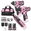 Pink Household Power Tool Combo for Women(3-Tool), 12V Lightweight Cordless Drill with Battery x2, Impact Driver and Rotary Tool Kit-Home Tool Kit for DIY, Home Improvement