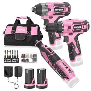 Pink Household Power Tool Combo for Women(3-Tool), 12V Lightweight Cordless Drill with Battery x2, Impact Driver and Rotary Tool Kit-Home Tool Kit for DIY, Home Improvement