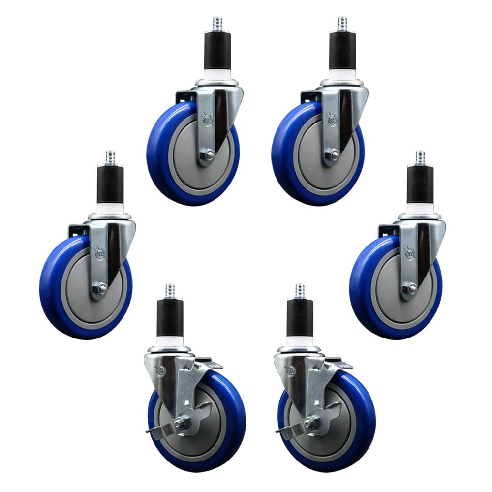 600CASTER6 Regency 5 Inch Expanding Stem Caster Set - Light Duty Replacement - Blue Polyurethane Wheel - Includes 4 Swivel Casters & 2 Swivel Casters with Brakes - Service Caster Brand