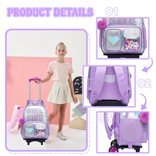 Image of HTgroce Rolling Backpack with Wheel,School Backpack for Kids Girl Roller Schoolbag Wheeled Backpacks Set Carry-on Luggage,Purple
