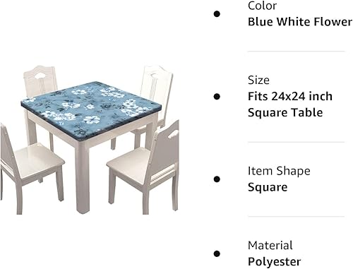 Miniatura 8 de SongYi Mantel cuadrado de poliéster con borde elástico de flores azules y blancas, cubierta de mesa para decoración del hogar, impermeable,