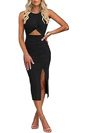 Women's Casual Sleeveless Cutout Twist Front Side Slit Ribbed Knit Party Bodycon Midi Dresses