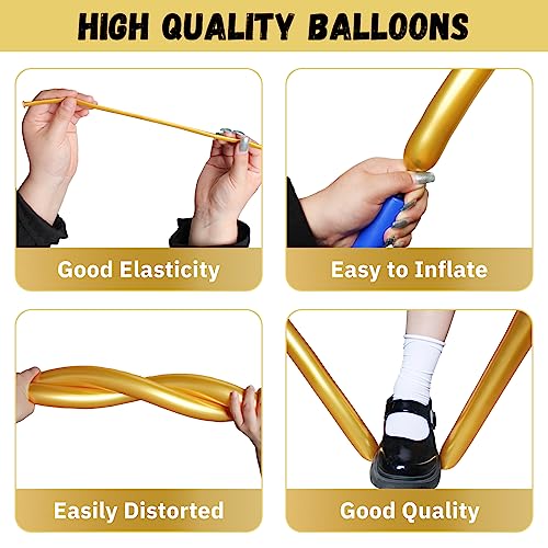 Image of 100PCS Metallic Gold Long Balloons for Balloon Animals | Gold 260 Balloons for Twisting, Skinny Modeling Balloons Supplies for Birthday Party Wedding Festival Decorations