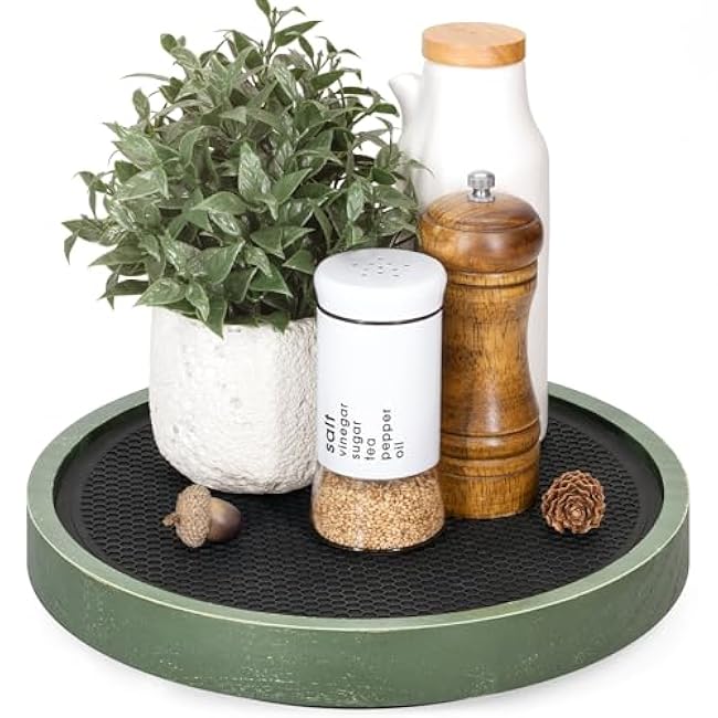 Pine Wood Non-Skid Lazy Susan for Table Top ¨C 10.5 Lazy Susan Turntable for Cabinet, Kitchen Decor & Coffee Table - Ideal as a Spice Rack & Bathroom Tray with Rubber Mat (Green)