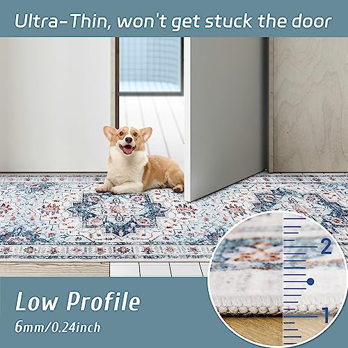Madane Blue Runner Rug, 2x5, Low-Pile, Non-Slip, Washable, Stain Resistant, Retro, Machine-Made, Microfiber, Floral, Kitchen, Living Room, Bedroom, Laundry Room