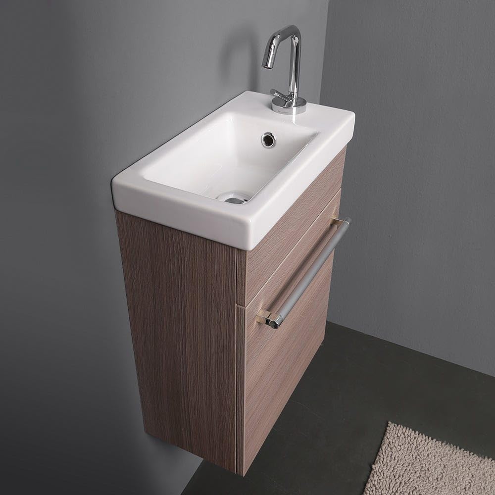Kiamami Valentina Mobile Bagno Sospeso Salvaspazio Rovere Fumo Smart | Base 42,5x22,5x55,6 cm, lavabo ceramica reversibile, specchio con mensola, ideale per bagni piccoli