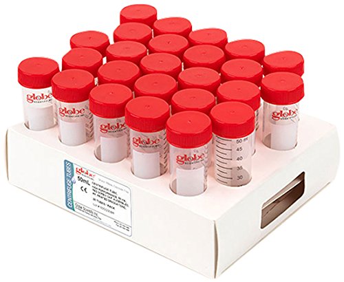 Globe Scientific 6298 Diamond MAX Polypropylene Centrifuge Tube with Red Flat Top Screw Cap, 50ml Capacity, Printed Graduations, Sterile, Certified, Cardboard Rack, Pack of 500