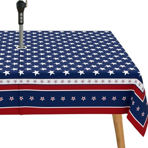 Fourth of July Outdoor Tablecloth with Umbrella Hole Memorial Day...
