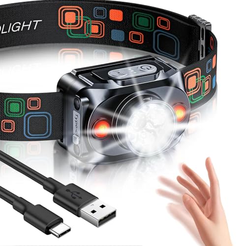 Rolgno Head Torch Rechargeable, [Ultra Bright] LED Headlamp with Motion Sensor, 6 Lighting Modes & IPX4 Waterproof Headlight, 2000mAh Battery Long Runtime for Camping, Fishing, Hiking, Night Running
