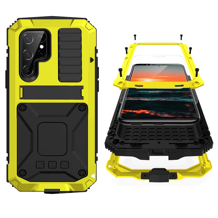 Simicoo Compatible with Samsung S23 Ultra Metal Military Case with Stand Screen Protector Camera Protection Rugged Heavy Duty Shockproof Full Body