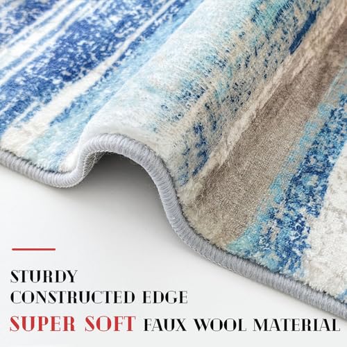Lansny Modern Abstract 8x10 Large Machine Washable Living Room Rug Non-Slip Soft Bedroom Area Rug Blue Ultra Thin Print Faux Wool Carpet Throw Rugs for Nursery Playroom Dining Room Indoor Office - Image 5